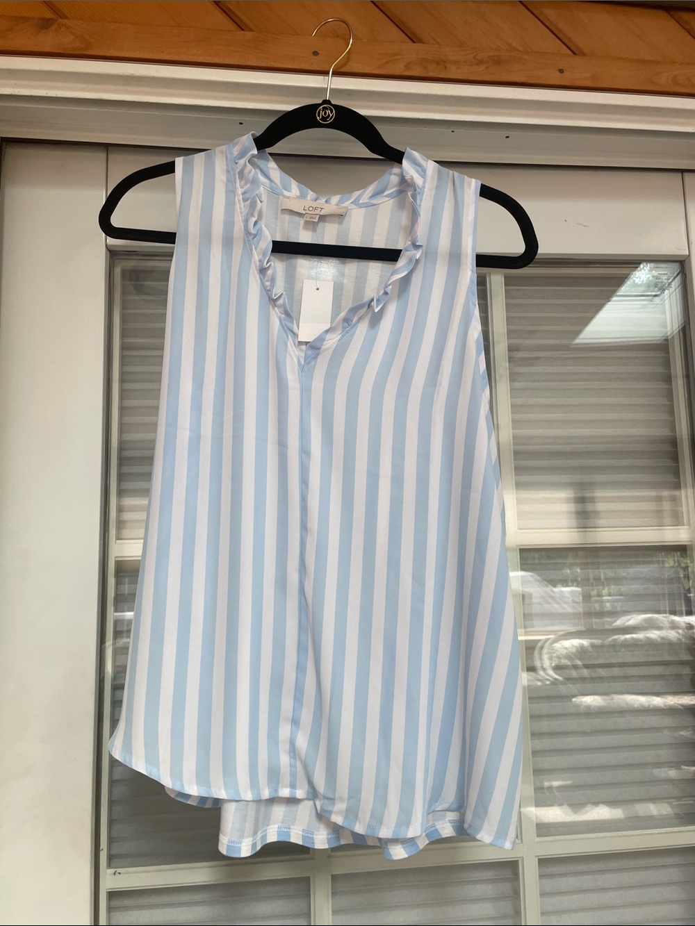 LOFT Blue & White Vertical Stripe Ruffle V-Neck Sleeveless Top ok